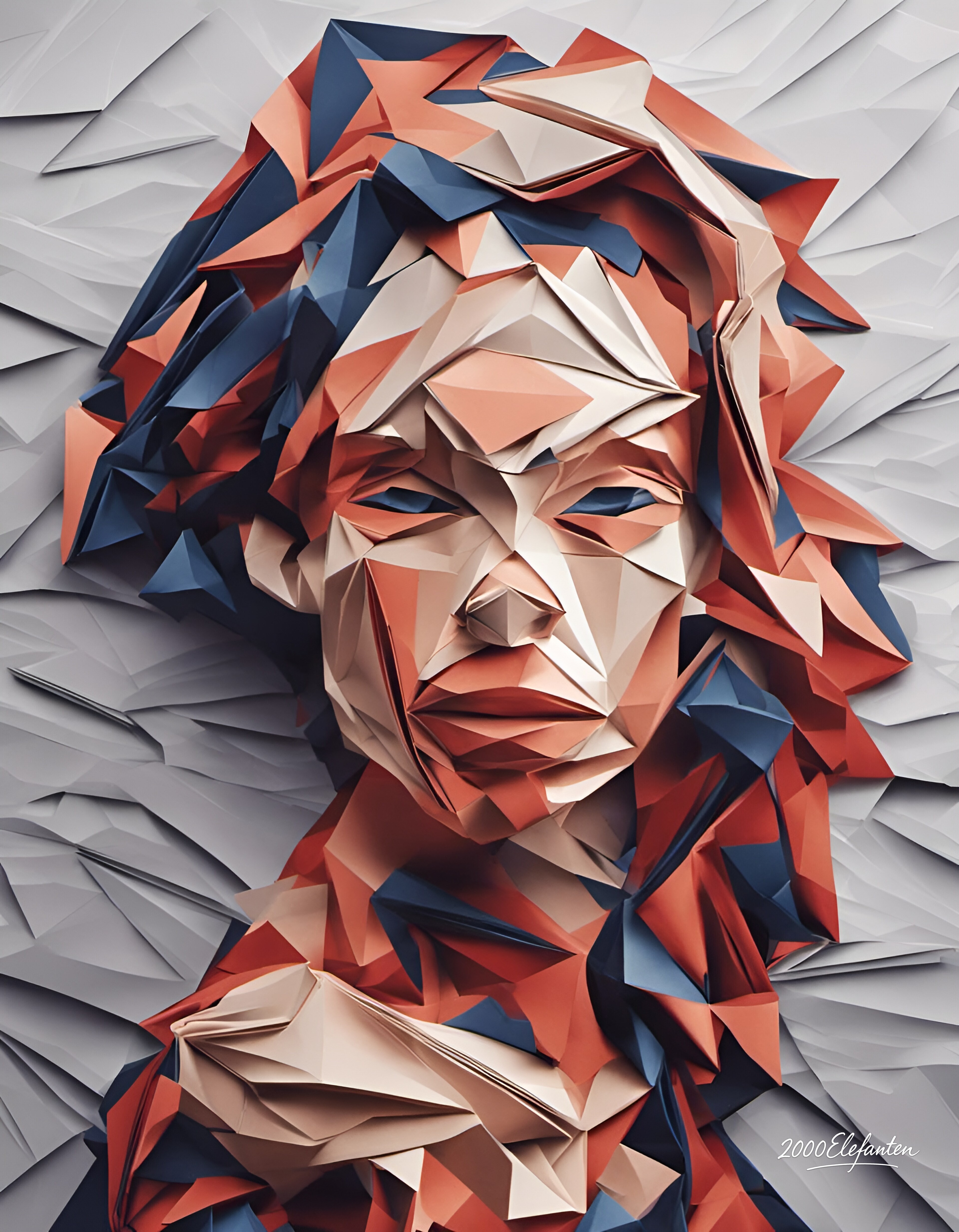 A paper-craft portrait crowned with folded petals